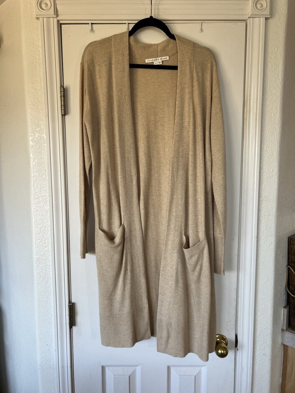Veronica Beard Danzie Long Cardigan Medium Merino Wool Beige * No Belt* *Flawed*